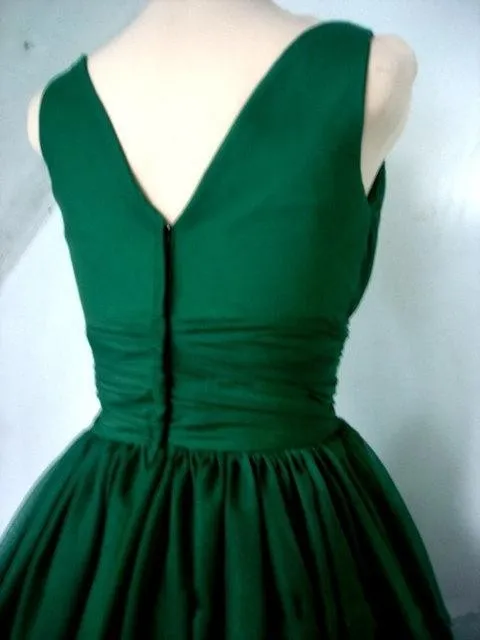 Emerald Green 1950s Cocktail Party Dress Vintage Tea Lengte Plus Size Chiffon Elegant Ruched V-Neck Bears Real Photo Short Prom-jurken