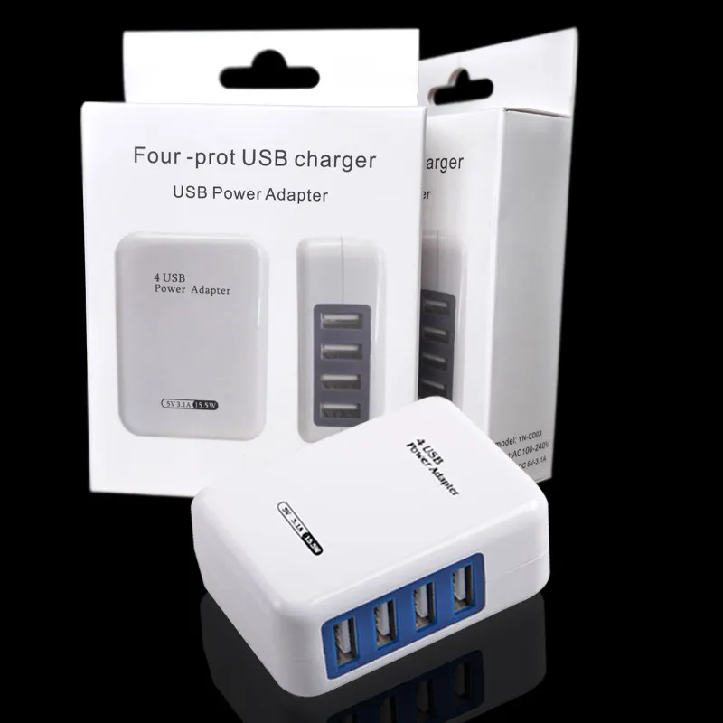 US EU Plug 4 USB ports Wall Chargers 5V 3.1A charger Adapter Travel Convenient Power Adaptor phone portable charger For Mobile Phone