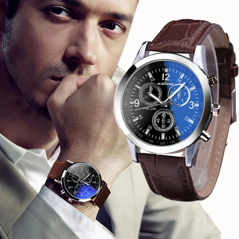 Mens Romeinse cijfers Blauw Ray Glass Horloges Mannen Luxe Lederen Analoge Quartz Business Polshorloge Herenklok Relogio