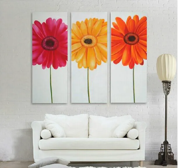 Handgeschilderde mooie bloemen olieverf op canvas drie-foto gecombineerde kunst aan de muur voor woonkamer in hotel of restaurant geen frame