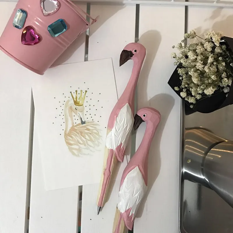 Cute creative Flamingo Writing Pen Wood Ballpoint Pens Wooden Novelty Gift School Stationary Ballpoint