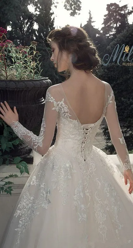 Milva Bridal Vintage Dentelle Plage Princesse Robes De Mariée 2019 Cou Sheer Col À manches longues Plus Taille Country Corset Robe de mariée de mariage