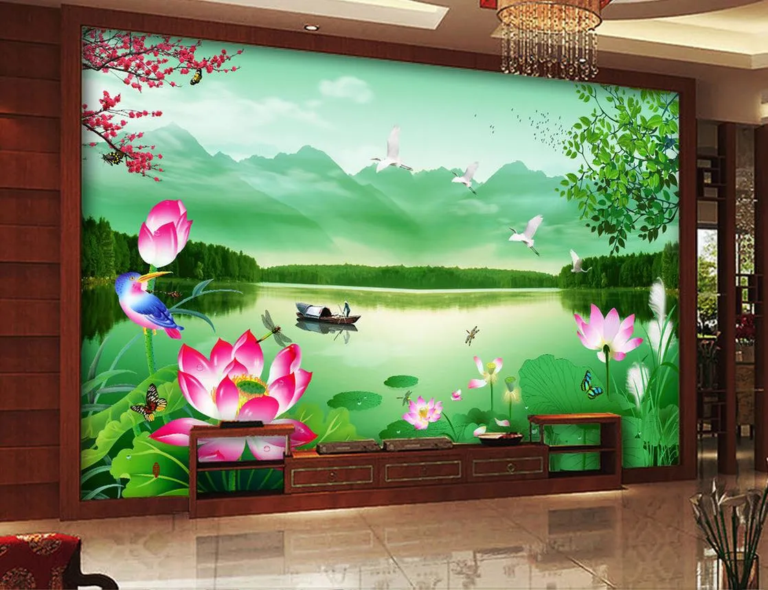 Castle Peak Green Water Lotus Landscape Landscape Wall Mural 3D Wallpaper 3D Wall Papers för TV -bakgrund