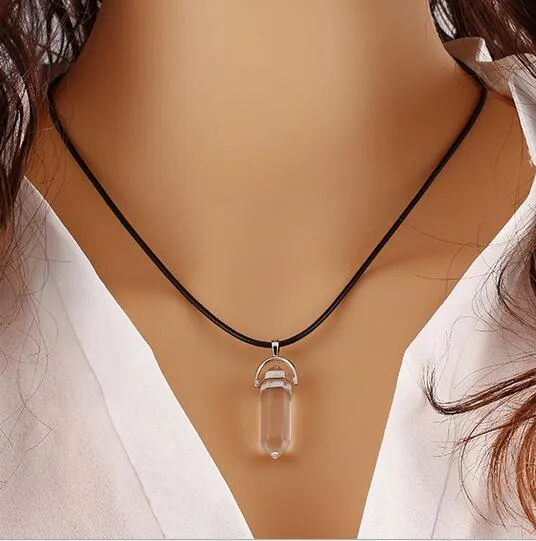 Fashion New PU Lether Chain Mens Womens Created Gemstone Natural Stone Hexagonal Prism Pile Pendant Necklace Women G288