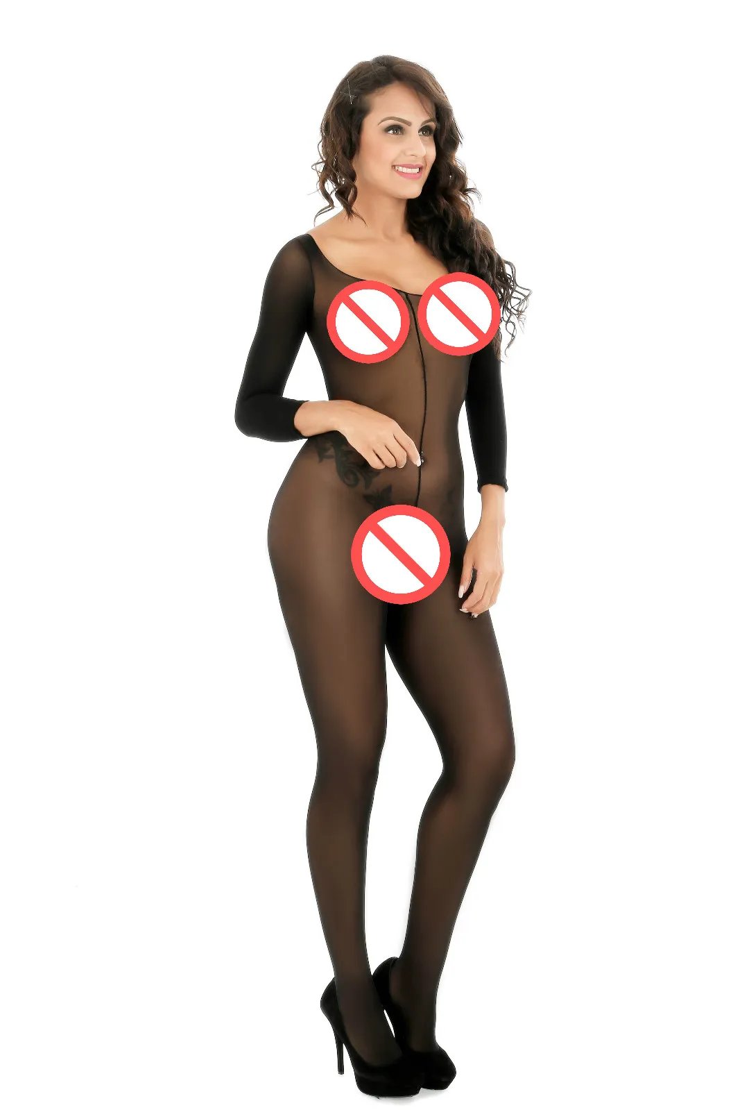 Zwart sexy pure en ondoorzichtige crotchless driekwart mouw bodysuit bodystocking panty erotische bodystocking lingerie2597