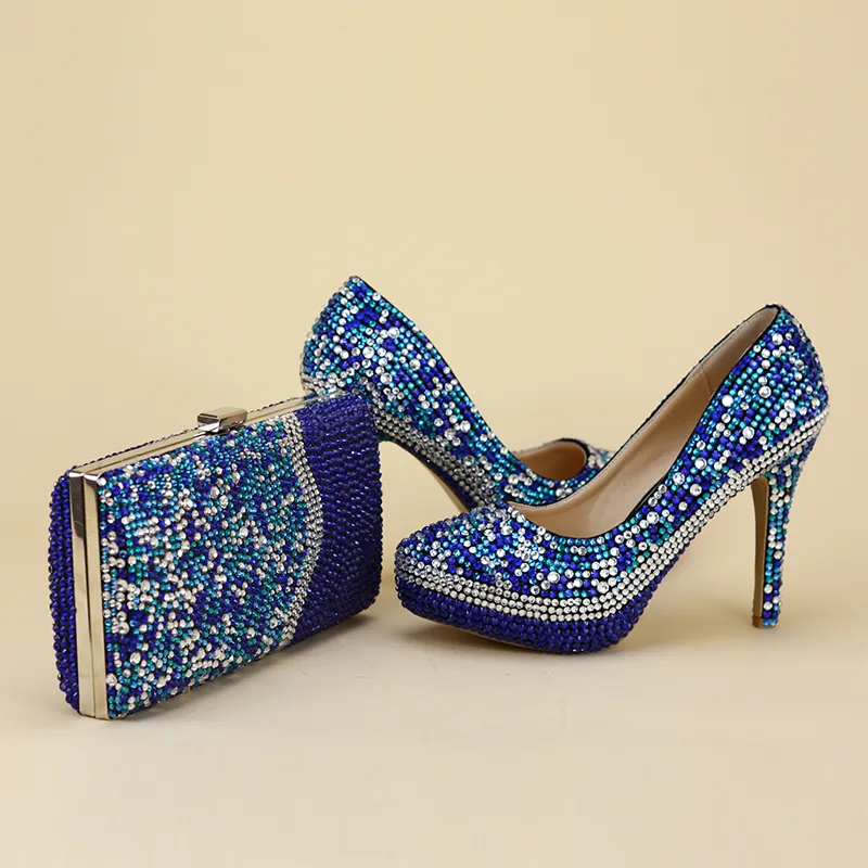 Newest Arrived Unique Dsigne Shoes With Matching Bag Blue Rhinestone Party Prom Nightclub High Heels Bridal Wedding Shoes Stiletto