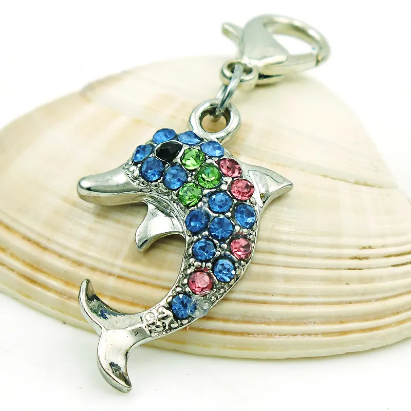 Helt ny mode charms dangle rhinestone dolphin djur charm med hummer lås diy smycken gör tillbehör