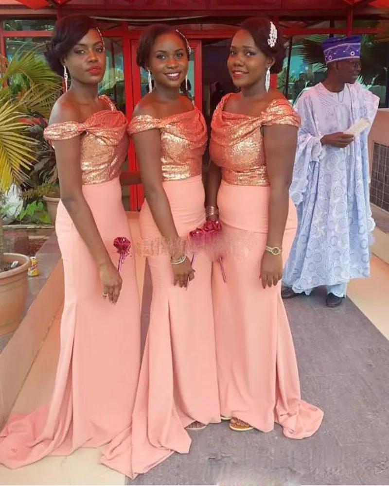 Aso Ebi Coral Lantejoulas Satin Bellanaija Vestidos de Dama de Honra Sereia Off Ombro Vestidos Baratos Vestido Plus Size Nigerian Wedding Party Vestidos