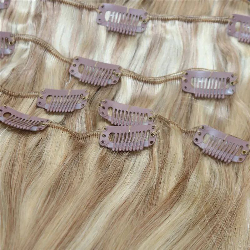 Human Hair Extensions Ombre Color Two Tone #18 Ash Blonde Piano #22 Medium Blonde Clip In Human Hair Extensions Highlights