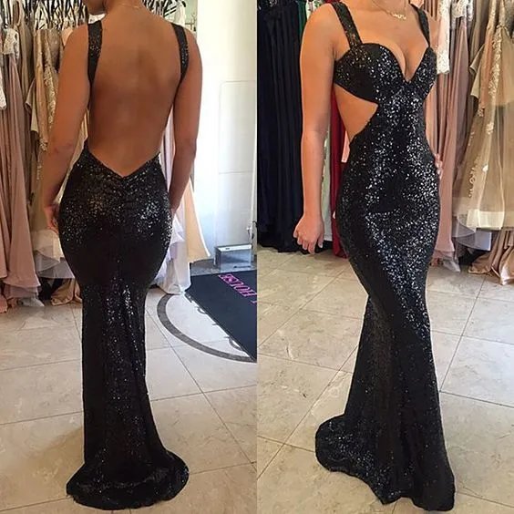 Sexig svart Sequined Mermaid Prom Dresses 2019 Hot Backless Cutaway Side Long Party Evening Gowns Custom Made China EN102614
