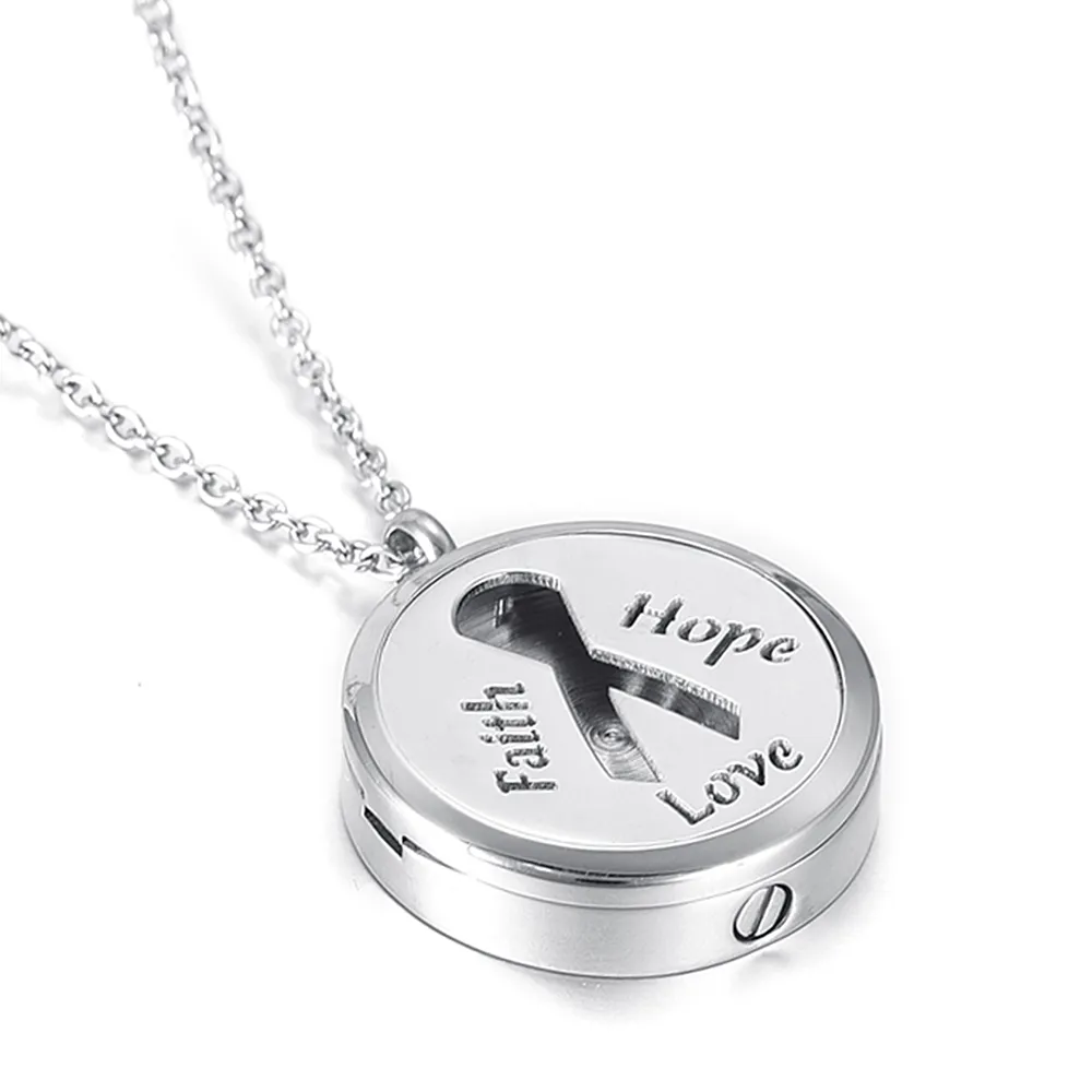 IJD5003 'Faith Hope Love' Essential Oljelås och Round Ash Hållare Hängsmycke Halsband Cremation Urn Pendants Halsband Gratis 12 Pads