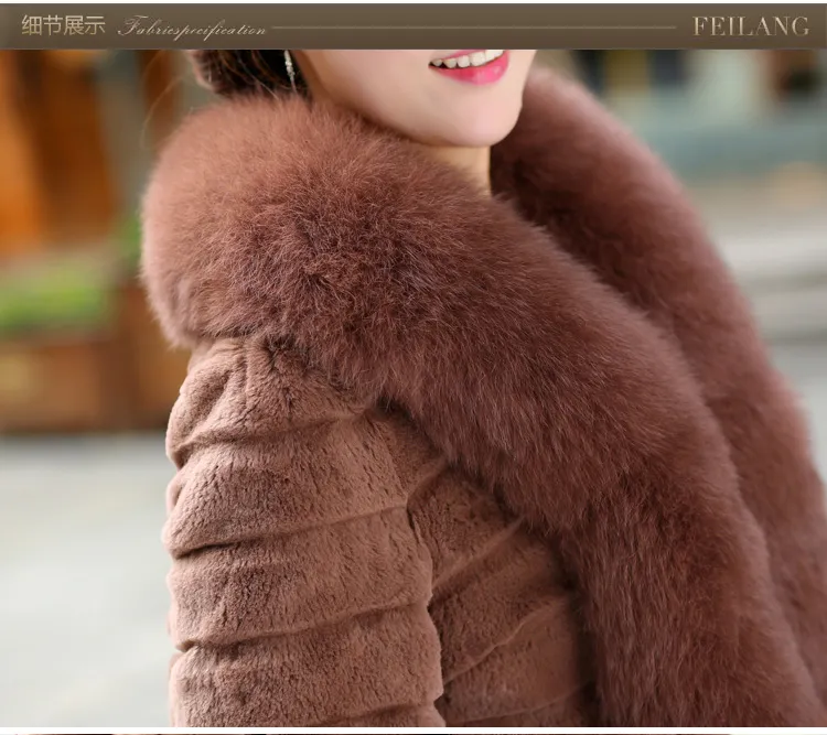 Women's Winter Fashion Real Fox Fur Collar Långärmad Full Pelt Rex Kanin Fur Coat Medium Long Casacos Plus Size 3xl
