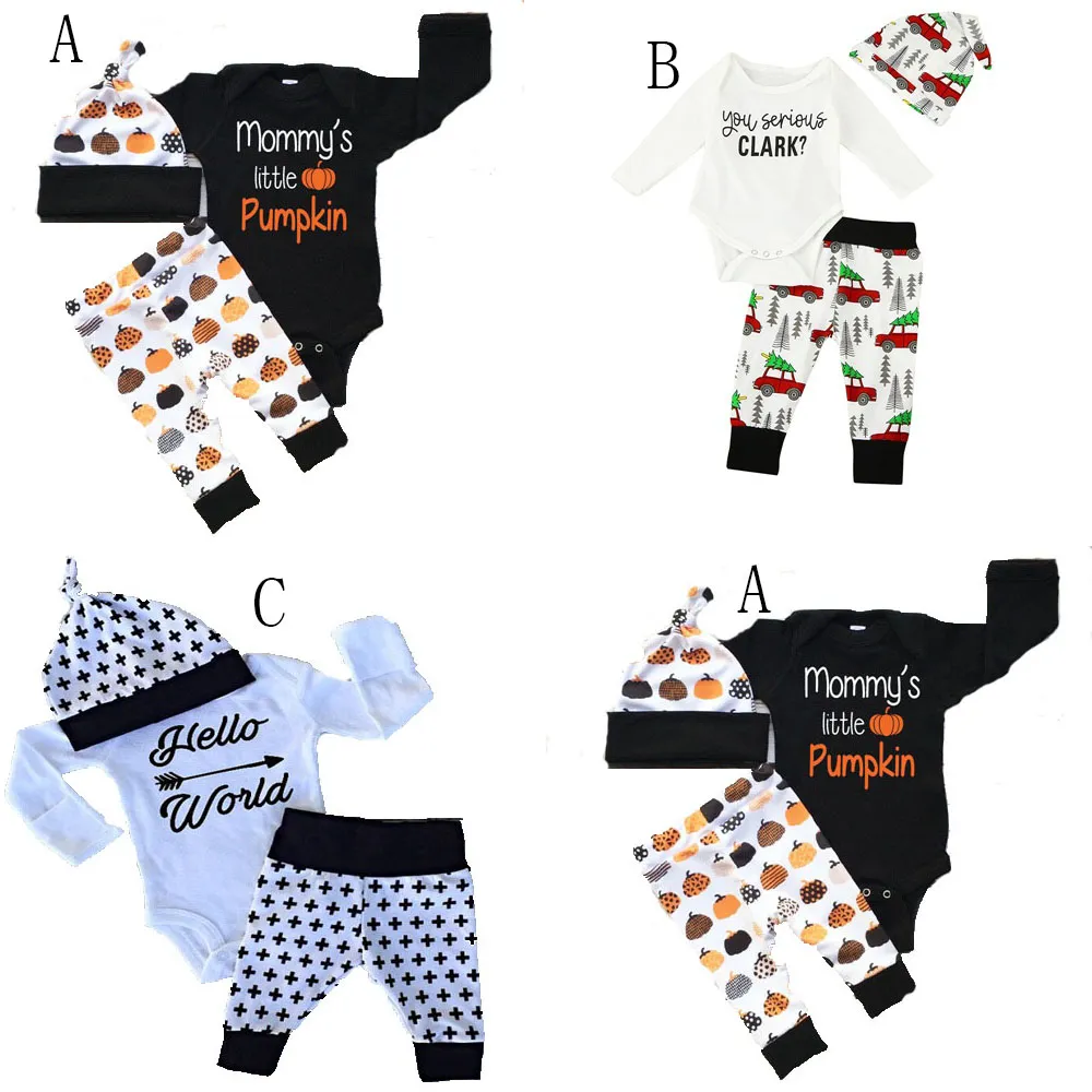 Baby xmas halloween pompoen outfits kinderen auto kerstboom print hoed + romper + broek 3 stks / set kinderen katoenpakken 3 stijlen C2456