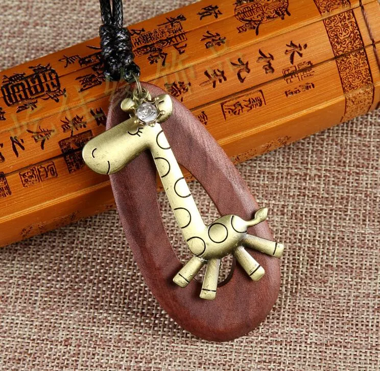 vintage Solid Wood Necklaces Oval Double Giraffe Ngau Tau Eiffel Tower Couple Cross pendant sweater chain Leather men women handmade stylish