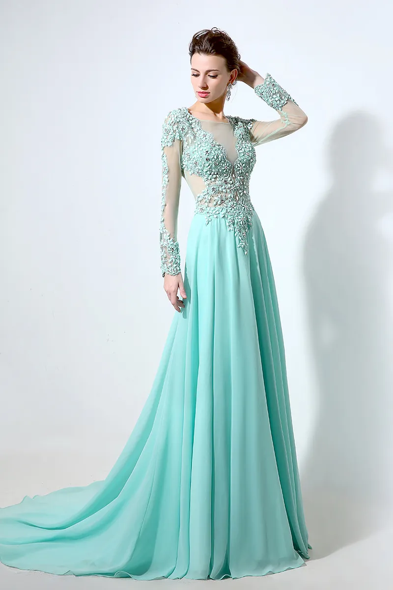 Роскошные вечерние платья Aqua Chiffon A-line с длинными рукавами 2019 Кружевное платье с глубоким V-образным вырезом Вечерние платья выпускного вечера