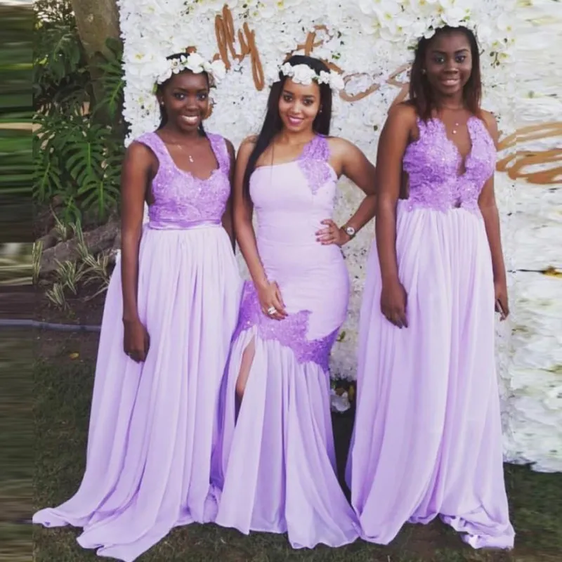 Color lila Tallas grandes Nigeria Vestidos de dama de honor Tres estilos Apliques de encaje Sirena Una línea Vestidos de dama de honor Búsqueda de bodas Ropa formal