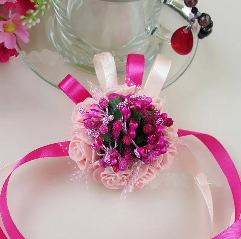 花嫁のためのウェディングブーケ/花の女の子の手首の花の花ブローチの手ブーケのための花嫁介添人の結婚式のアクセサリーの手首のコサージュ7cm
