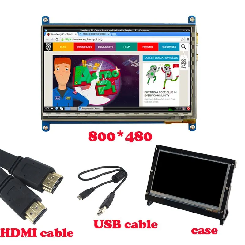 Freeshipping 7 cal 800 * 480 Raspberry PI LCD TFT Wyświetlacz + Wspornik akrylowy Case + H-DM-I Cable + Kabel USB do ekranu dotykowego Raspberry PI 3