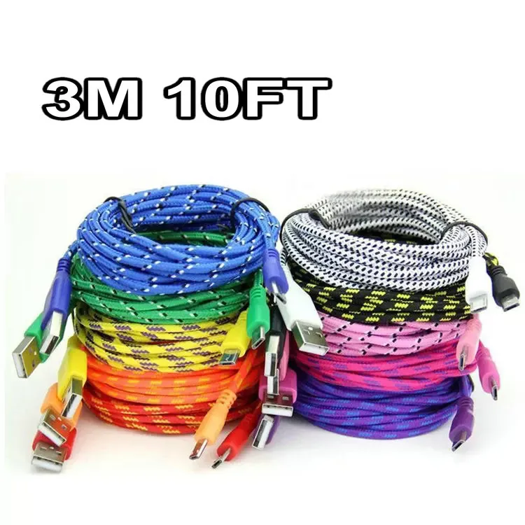 Hoge kwaliteit 1m /2 m /3m 6ft 10ft Gevlochten Fabic Nylon Woven USB -gegevens Synchronisatie Laderkabelkoorddraad voor Android -telefoon Smart mobiele telefoon