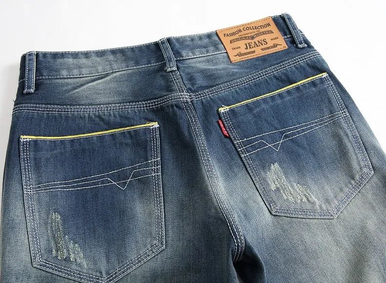 Moda Jeans Rasgado Homens Reta Na Europa Estande Fino Nostálgico Maré Calças dos homens Jeans de Alta Qualidade