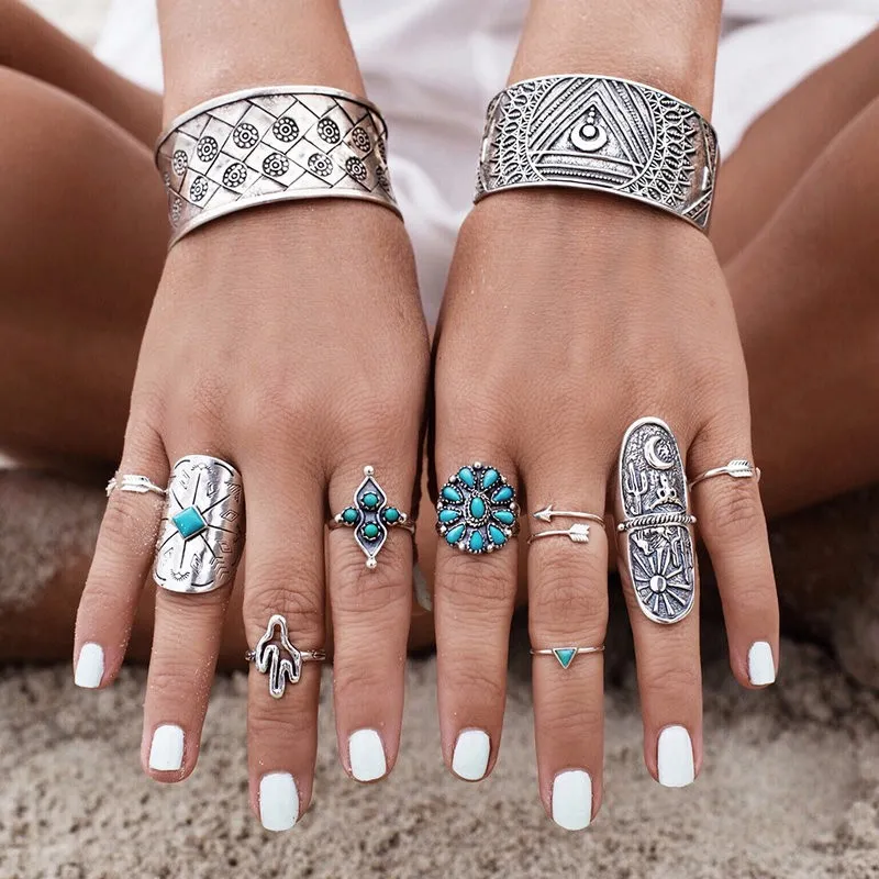 Bohemian Retro Turkish Midi Ring Set Punk Flower Arrow Knuckle Rings For Women Joint Ring Jewelry 