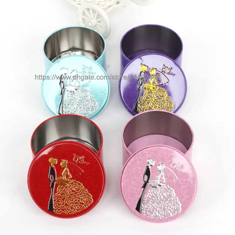Round Shape Metal Tin Material Bride Groom Candy Box Wedding Favor Gift Favours Wedding Party 