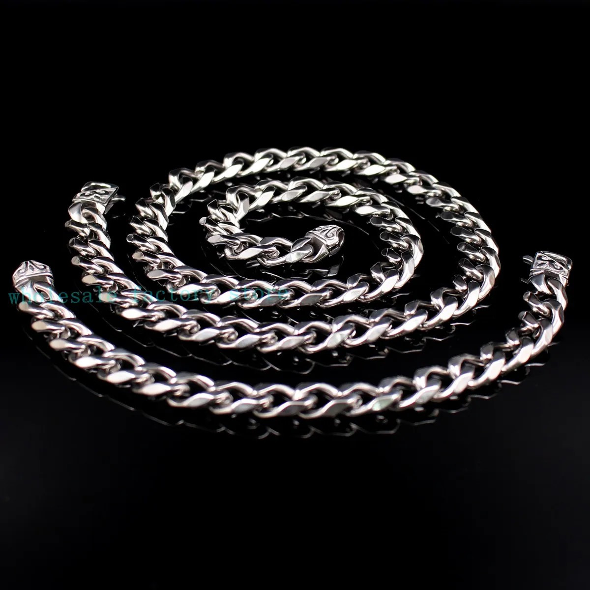 Handmade Silver Retro Clasp 13mm / 15mm 316L Stainless steel Cuban Curb Link Chain 24'' Necklace + 8.66" Bracelet Jewelry Set