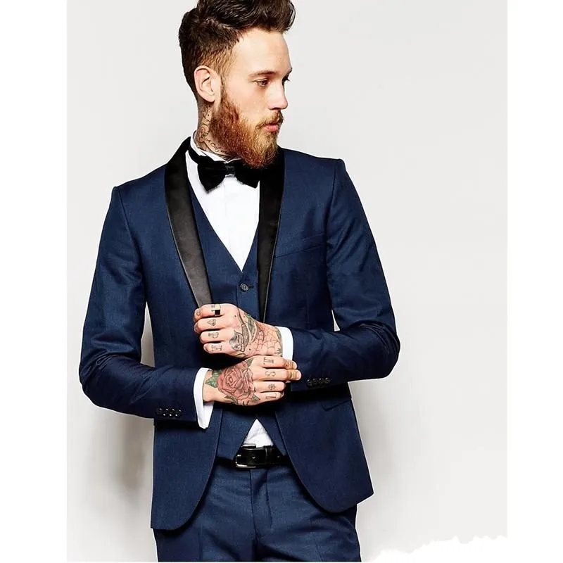 신랑 턱시도 Groomsmen One Button Navy Blue Shawl Lavel Best Man Suit Wedding Men 's Blazer Suit 사용자 정의 (자켓 + 바지 + 조끼 + 넥타이) K119