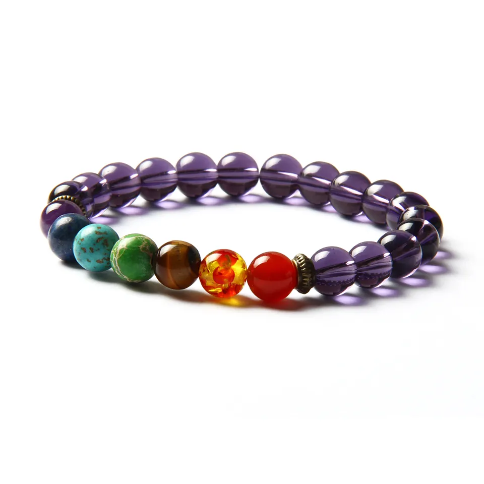 7 Chakra-Heilstein-Yoga-Meditationsarmband, 8 mm, violette Glasperlen mit natürlichem Sediment-Tigeraugenstein und Kristall, Str250 V