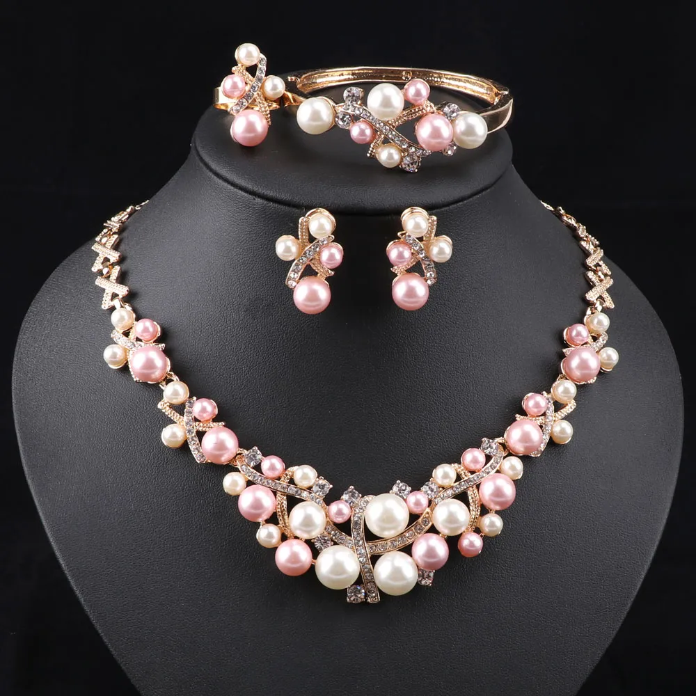 Gold Plated Simulated Pearl Classic Jewelry Set Alloy Vintage African Beads Jewelry Sets For Women Imitation Wedding Accessories