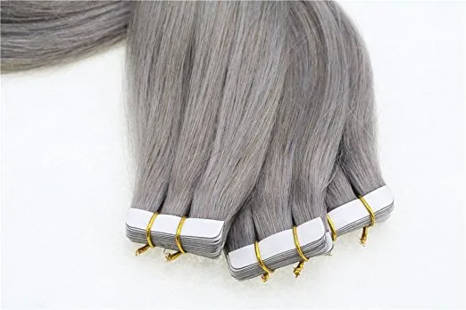Tape In Real Human Hair Extensions Silk Straight Skin Weft Extensions 25gpiece lot Silver Grey Human Hair8919984
