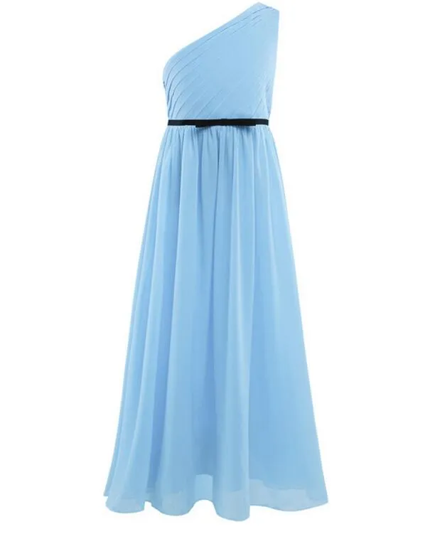 Vestido Longo Chiffon One-shoulder Pleated Dress Flower Girls Maxi Dresses for Party and Wedding Kids Junior Bridesmaid Dress Evening Gowns