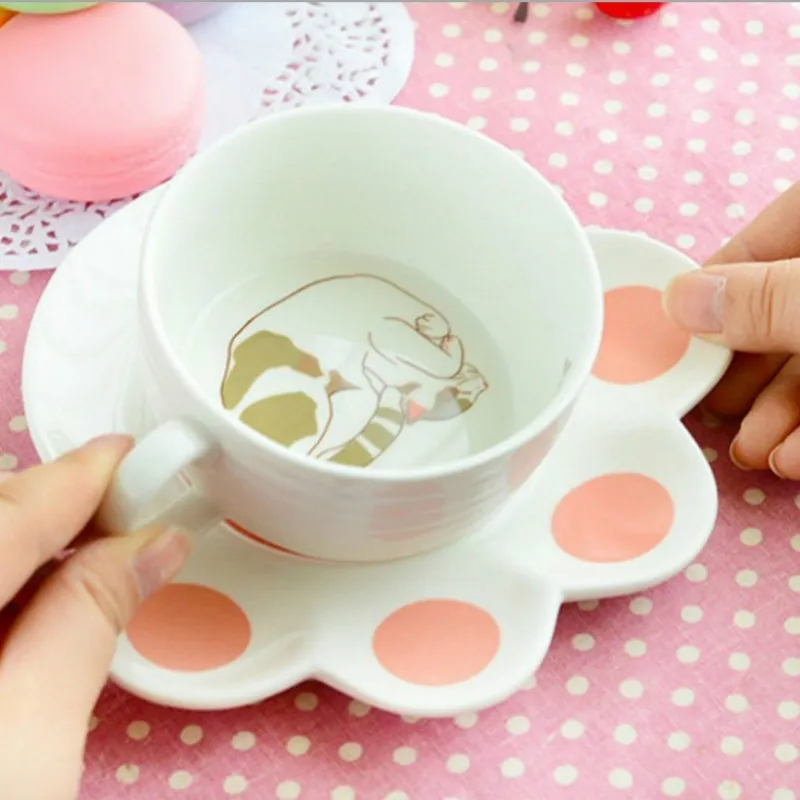 Leuke Kat Cartoon Mok Set Creatieve Catlike Melk ontbijt Cup Ceramische Cups en Platen 150ml