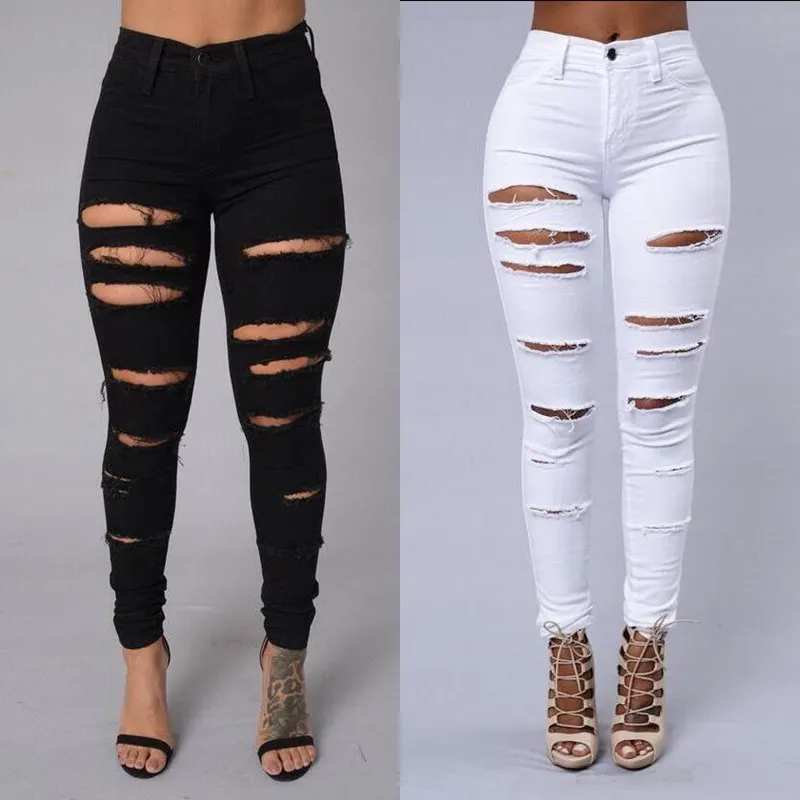 Vente en gros - 2017 Automne Mode Dames Long Crayon Pantalon Stretch Femmes 4 Poches Bleach Ripped Skinny Jeans Trou Jeans Pour Femme