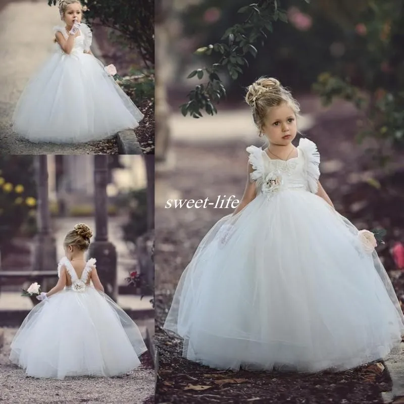 White Ball Gown Flower Girl Dresses Tutu 2017 Lace Appliqued Boho ...