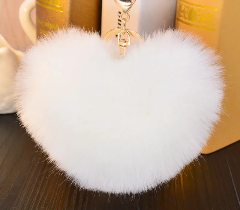 12CM similar Faux heart Rabbit fur key chains heart big size fluffy plush keychain car keyring Bag Pendant