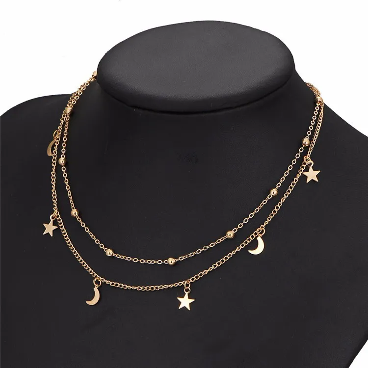 Star and Moon Charm Necklace with Long Gold Tiny Chain as Birthday Present Two Layer Necklace women jewelry