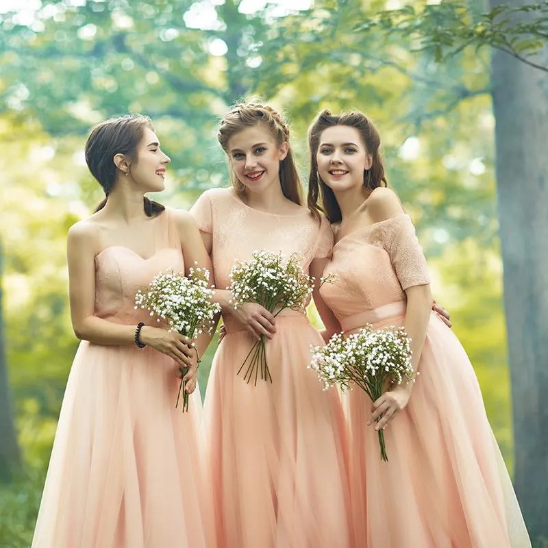 Romantic Country Forest Stili misti Abiti da damigella d'onore Una linea Blush Pink Chiffon Lunghezza del pavimento Abiti da damigella d'onore Abiti da sera