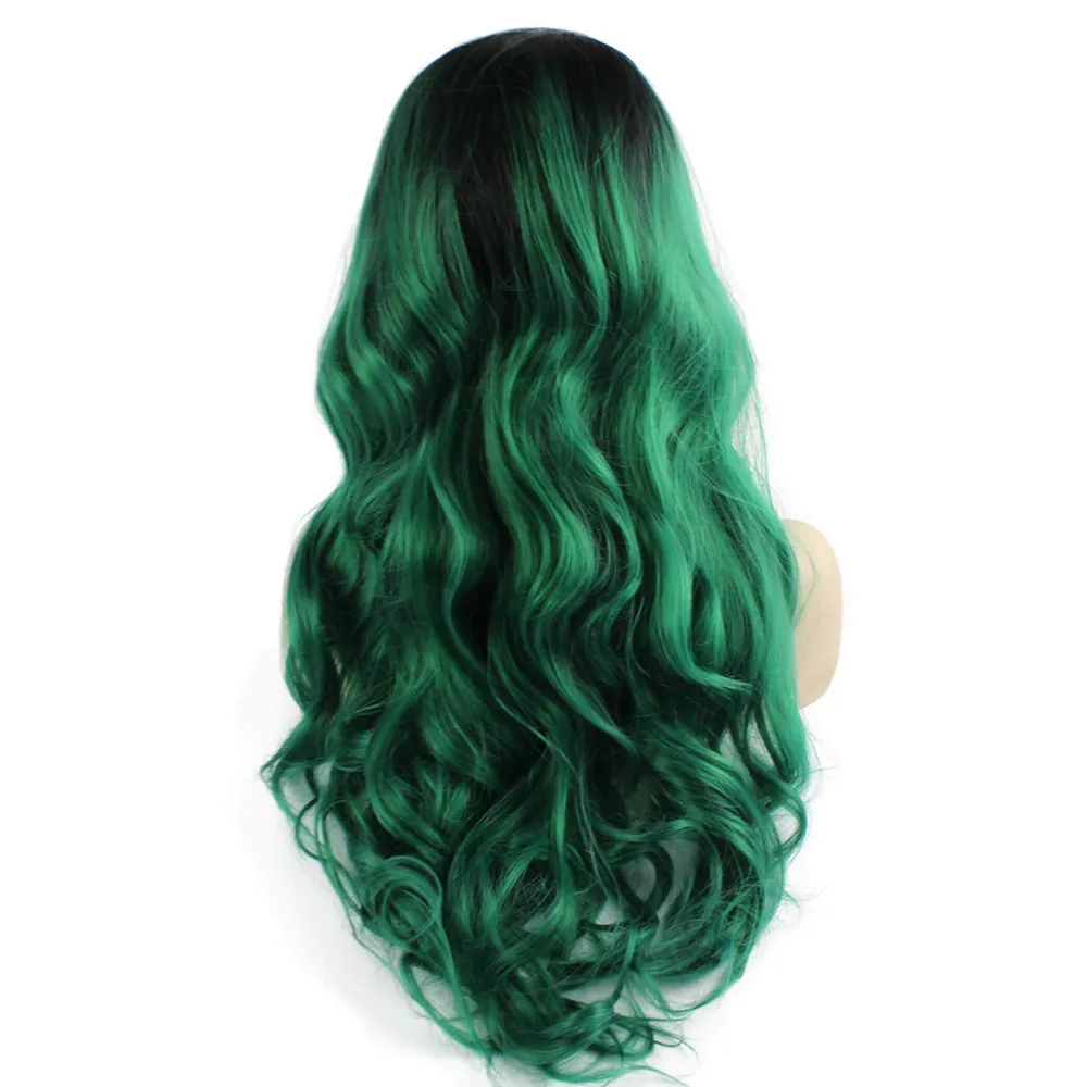 Long Wavy Dark Root Green Two Tone Lace Front Ombre Wig