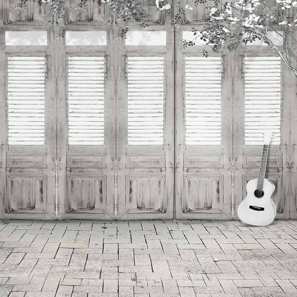 Porta in legno grigio bianco Fondale fotografico Vinile Panno Gitar Pavimento in mattoni Bambini Bambini Fotografia Sfondo Puntelli vintage per cabina da studio per neonati