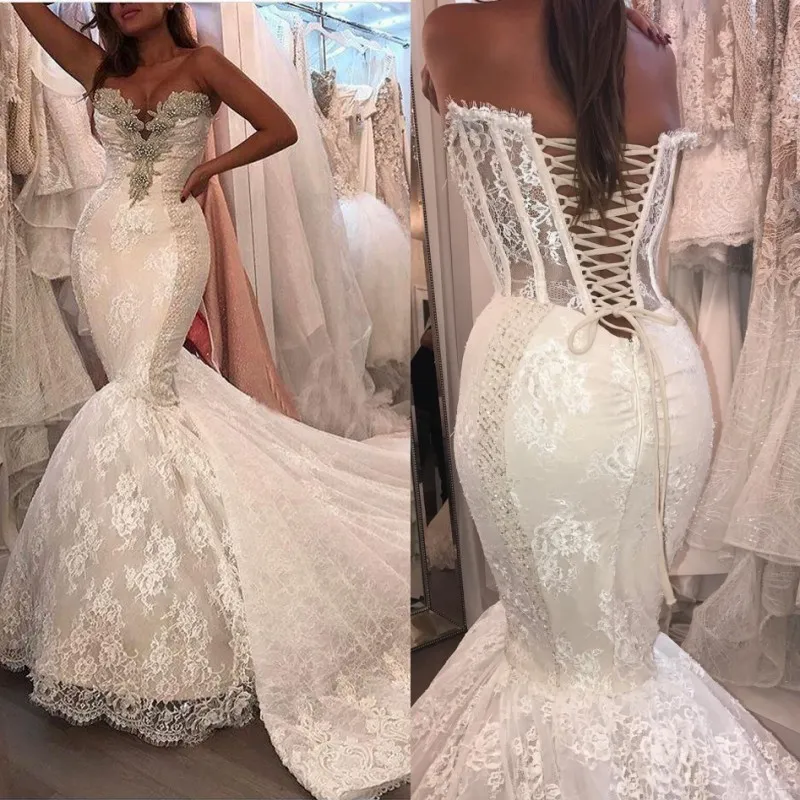 Lace Mermaid Wedding Dresses Crystals Beaded Sweetheart Corset Back Bridal Gowns Lace Up Floor Length Exposed Boning Wedding Dress