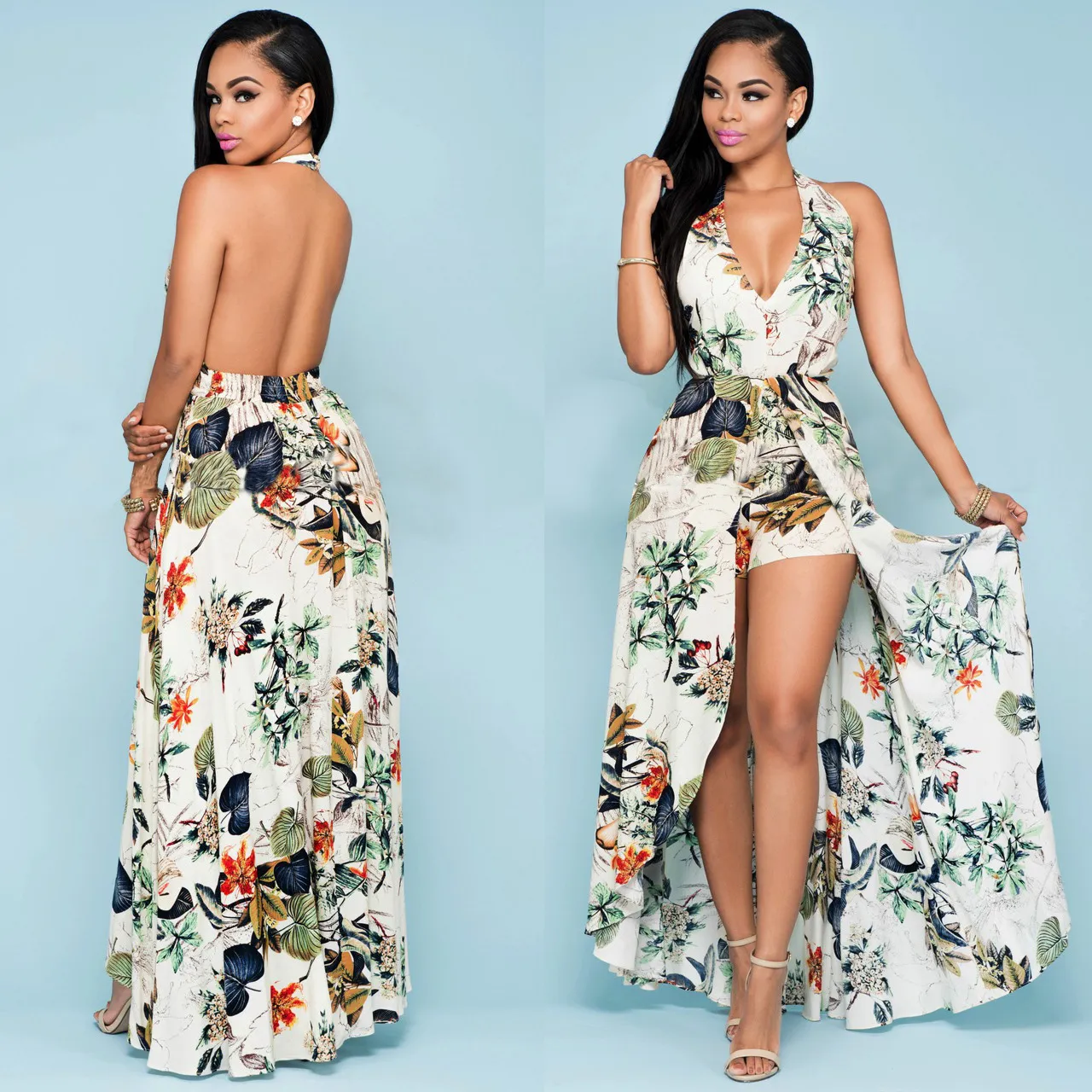 Nuevas mujeres del verano gasa estampado floral boho vestido bohemio dividir largo maxi vestido casual vestidos Nuevas mujeres del verano gasa estampado floral boho vestido bohemio dividir largo maxi vestido casual vestidos