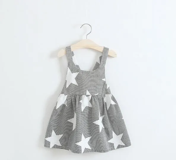 Vestidos de verão da menina crianças tira star print princesa blackless cotton dress 2017 bebê crianças roupas g318