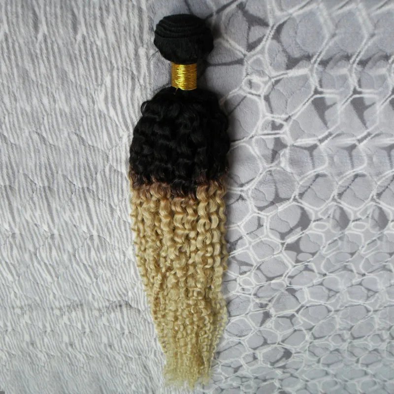 Ombre Weave Blonde T1B / 613 Malaysisches Jungfrau-Haar verworrenes lockiges Webart-Menschenhaar 100g Malaysisches verworrenes lockiges Jungfrau-Haar 