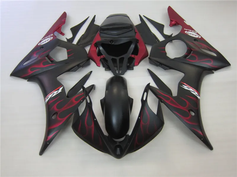 Nya Hot Moto Parts Fairing Kit för Yamaha YZF R6 03 04 05 Vin Röda Flammor Svart Fairings Set YZF R6 2003-2005 OT38