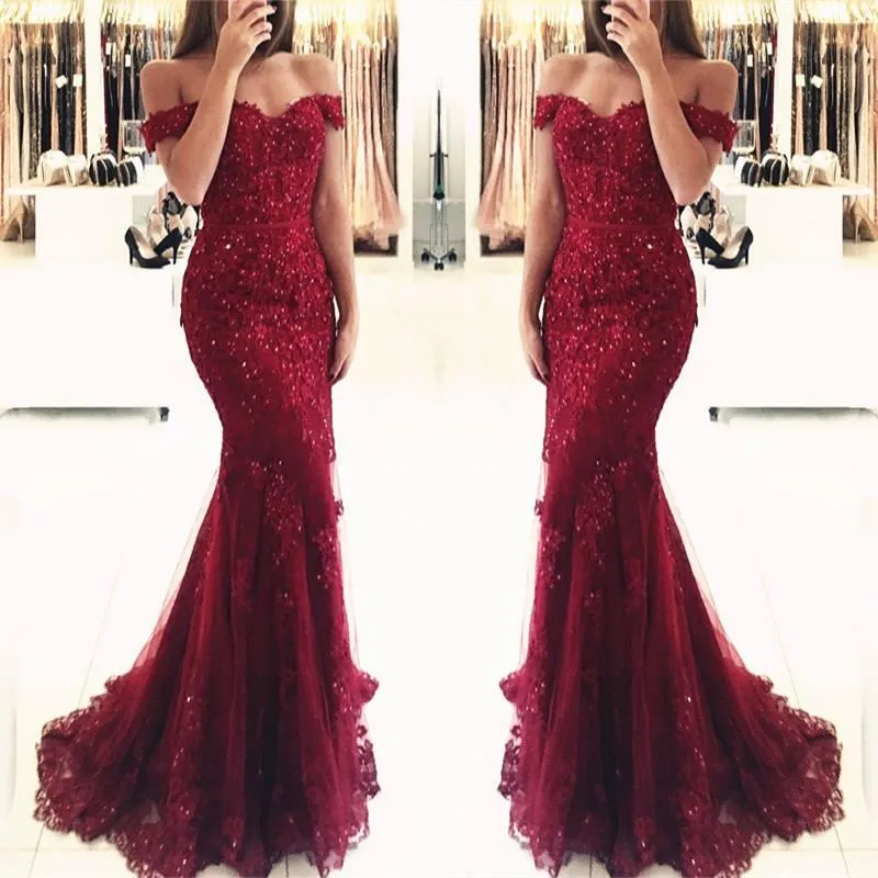 Stunning Crystal Bury Mermaid Prom Off The Shoulder Sweetheart Soft Tulle Lace Floor Length Formal Evening Dresses