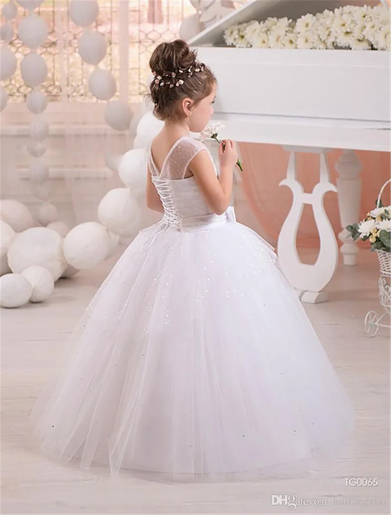 Bling Bling paillettes pizzo fiore ragazze abiti matrimoni senza maniche con lacci indietro bambini indossa abito bianco la comunione matrimonio166i