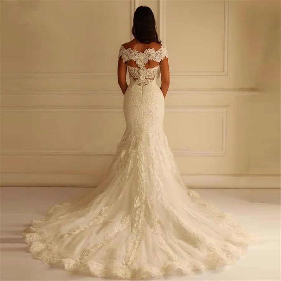 V-neck Off the Shoulder Lace Appliques Court Train Mermaid Women Wedding Dress Cutout Back Mermaid Bridal Dress Applique Lace