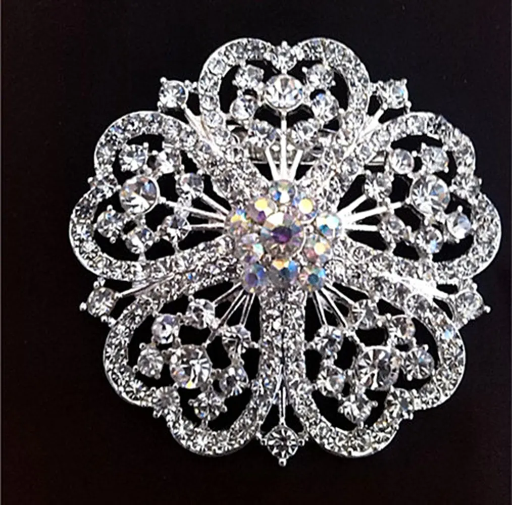 2 Inch Full Rhinestone Crystal Wedding Floral Brooch Pins Rhodium Silver Tone Vintage Style Corsage Nice Gifts