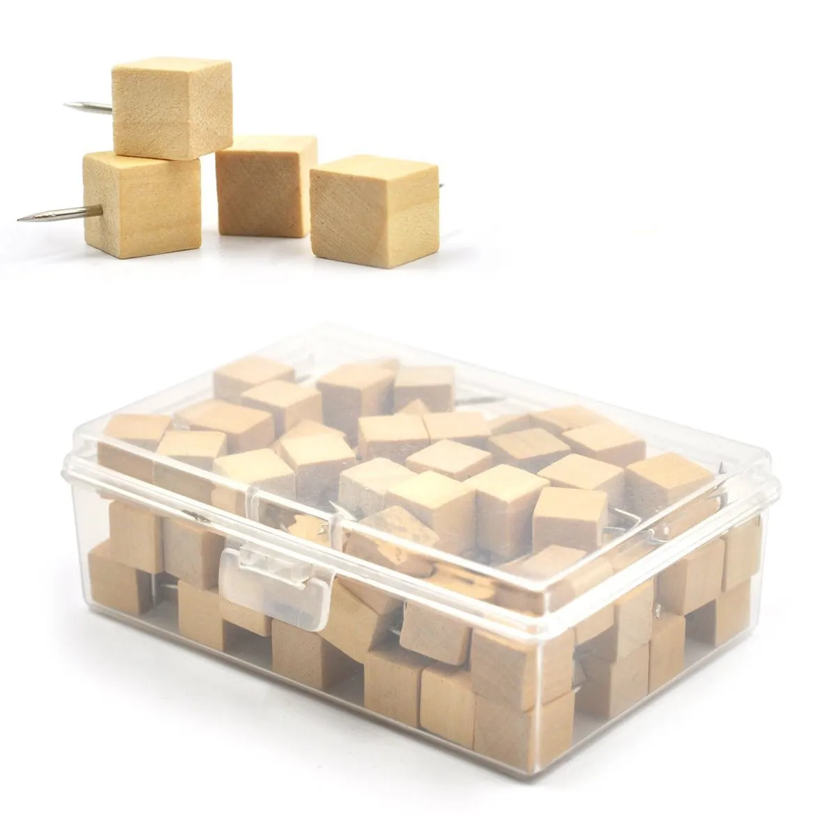 100pieces Square Wood Wooden Push Pins Thumb Tacks Dekorativa för korkbrädor Karta Bilder Kalender med låda